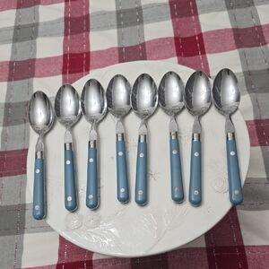 Vintage MCM Washington Forge Set Of  8 Mardi Gras Stainless Steel Spoons Blue